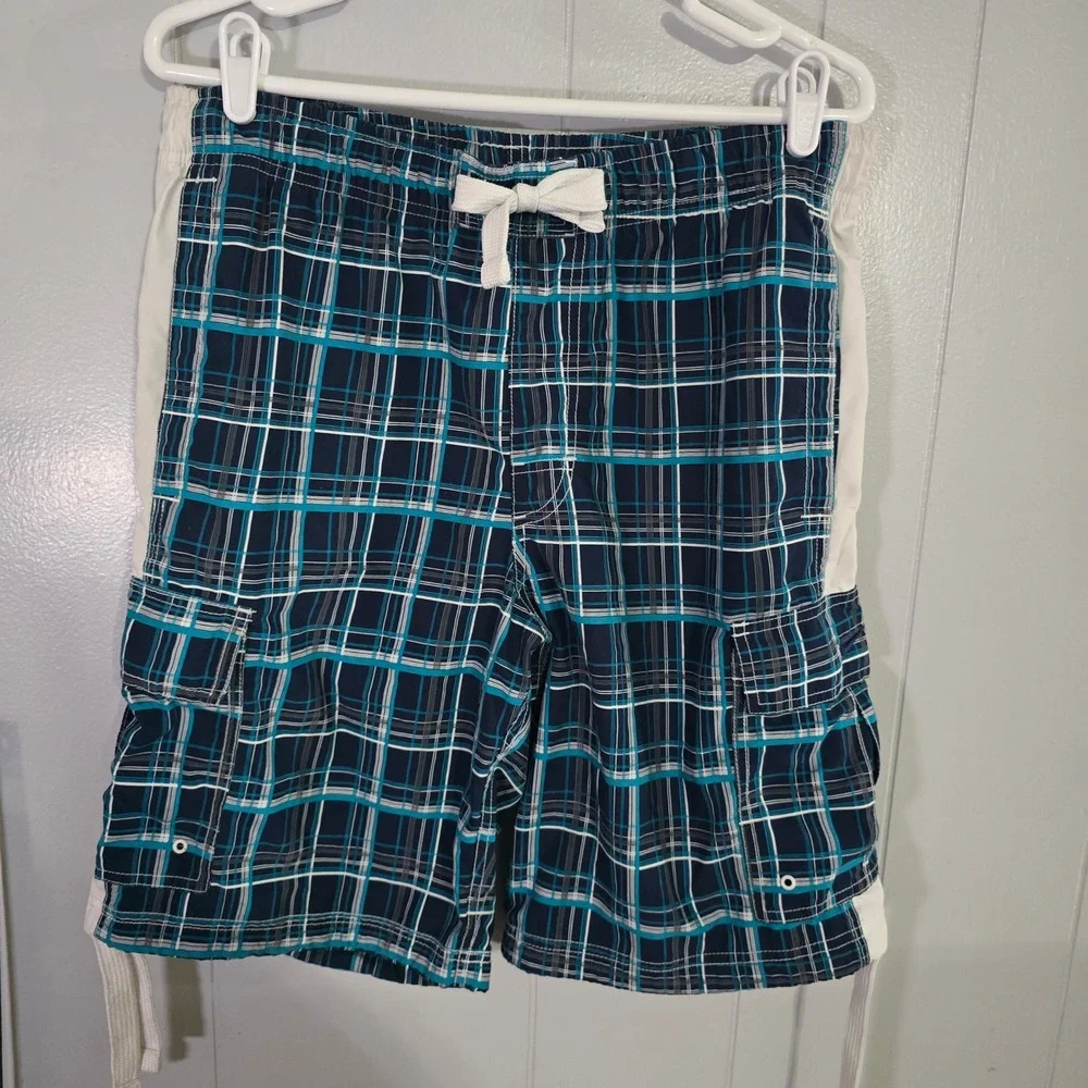 Nike Cargo Board Shorts Mens Medium Blue Plaid Athletic Dept Swim Trunks